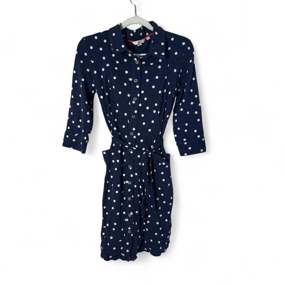 Boden Tara Dress Womens 6P Navy Blue White Polka‎ Dots Cotton 3/4 Sleeve Belted